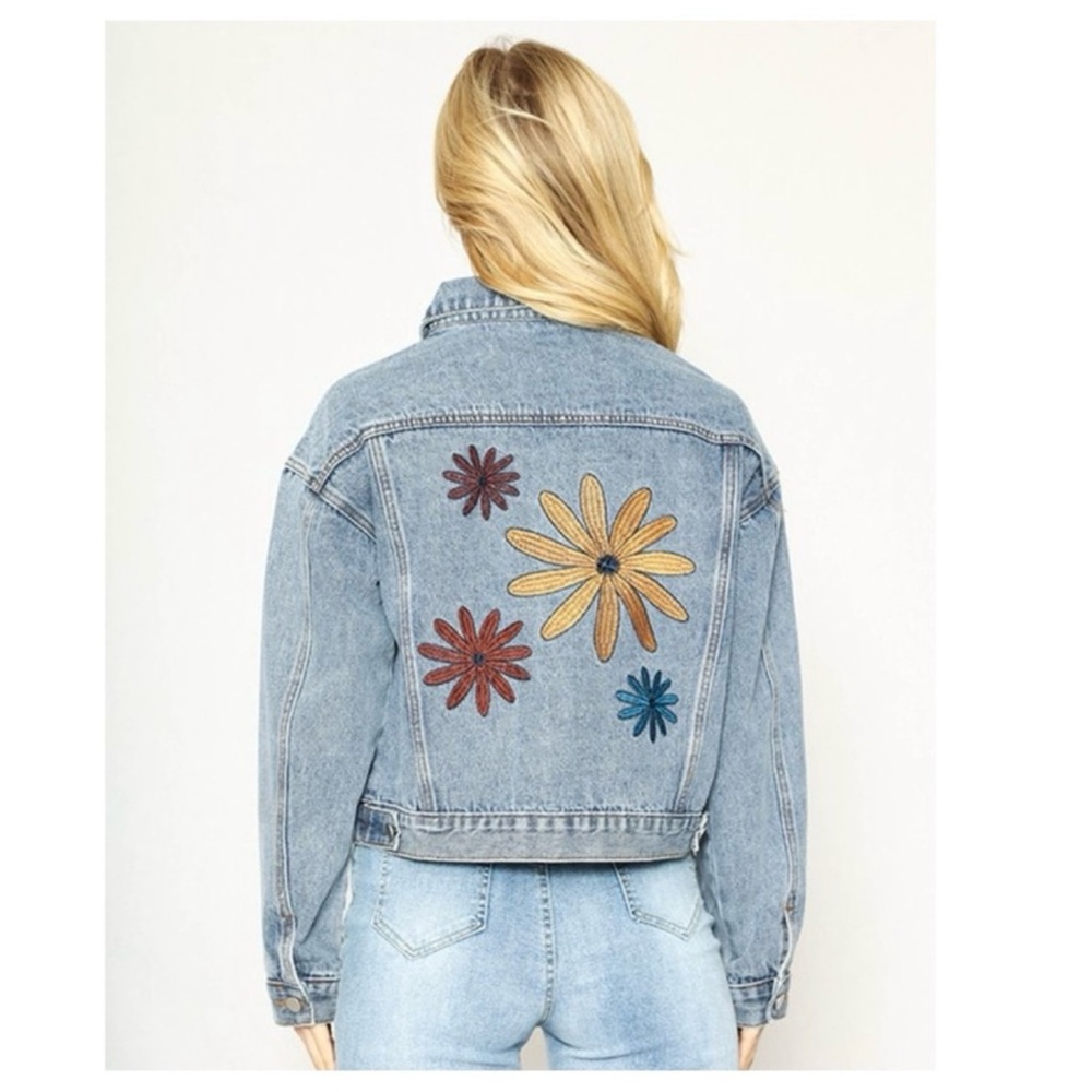 Miss Sparkling Blue Denim Jacket with Floral Embroidery - Picture 3 of 6